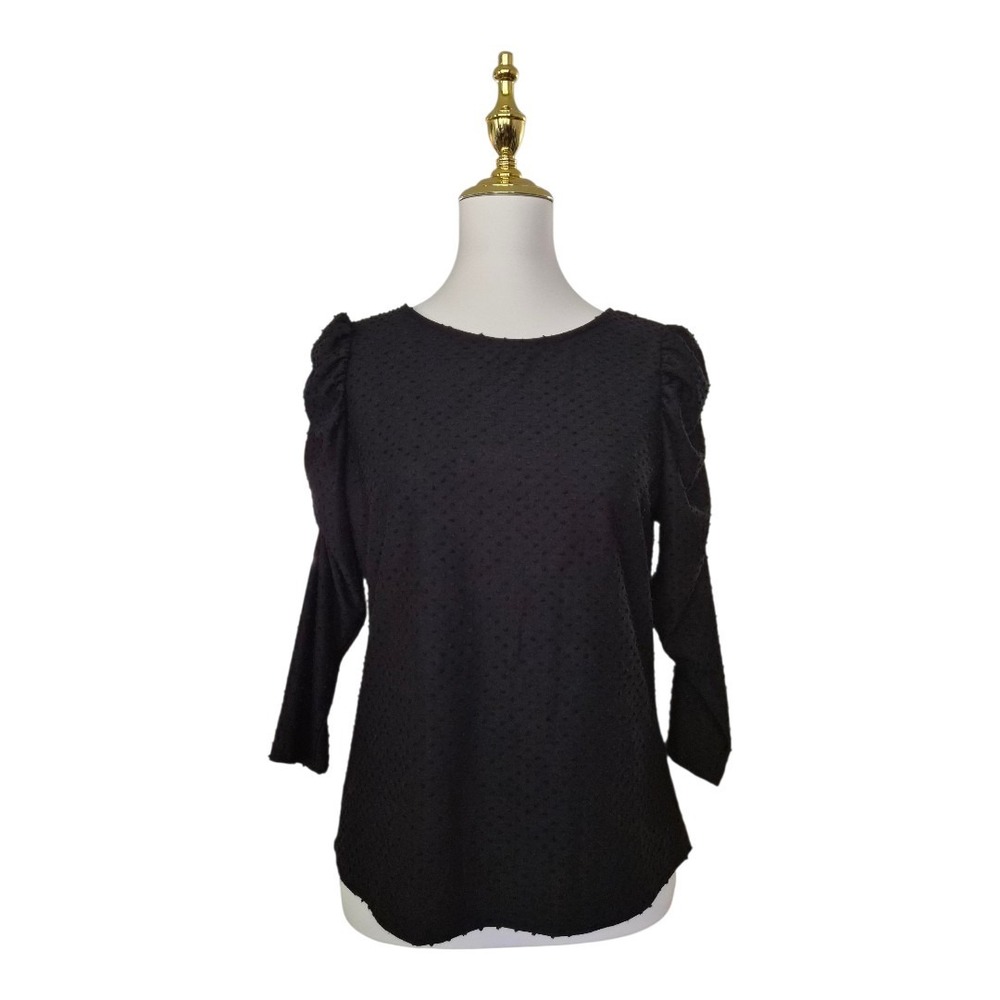 Anthropologie W5 Women's Black Swiss Dot Puff Shoulder 3/4 Sleeve Blouse Top M N